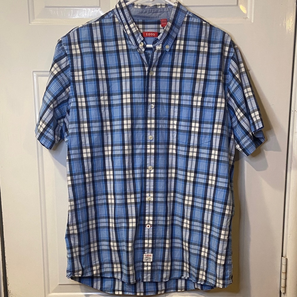 IZOD Plaid Button Down Shirt Mens Large Blue Short Sleeve Preppy